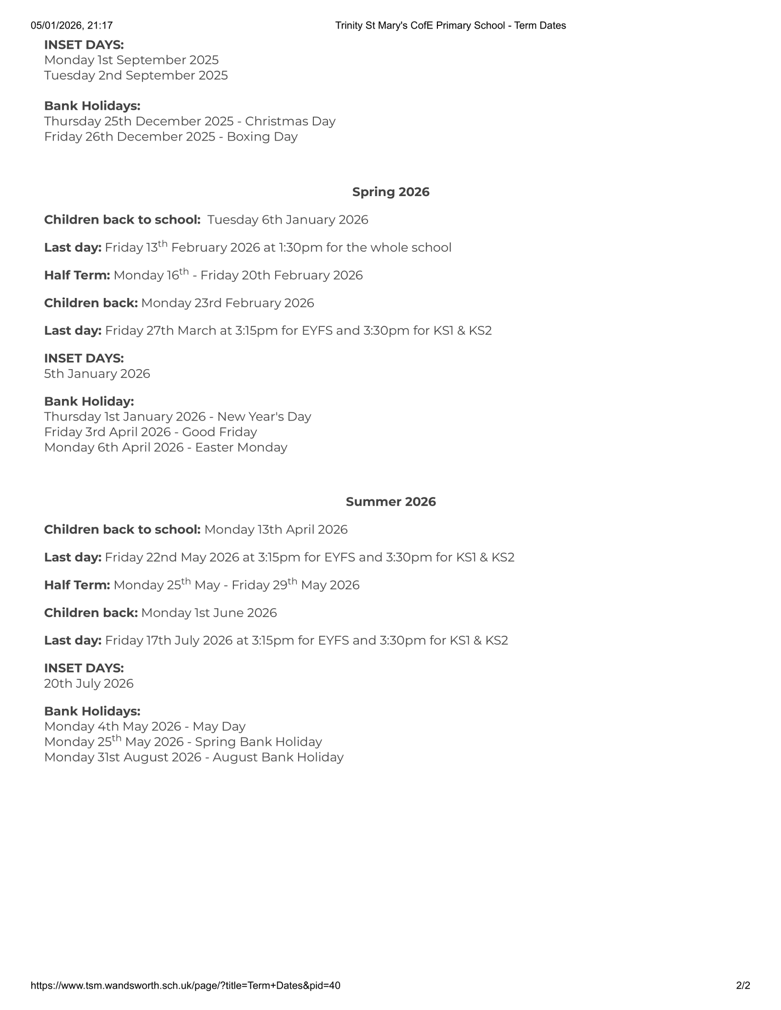 Trinity St Mary's CofE Primary School term dates 25-26 Official Updates Term Dates