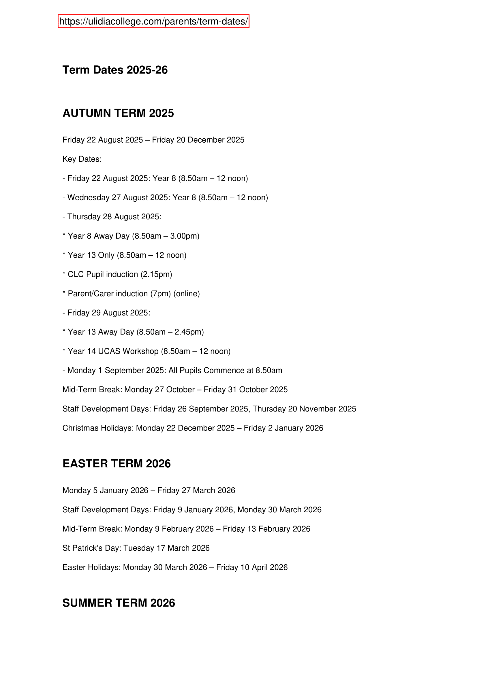 Ulidia College Term Dates 25-26 Revised 