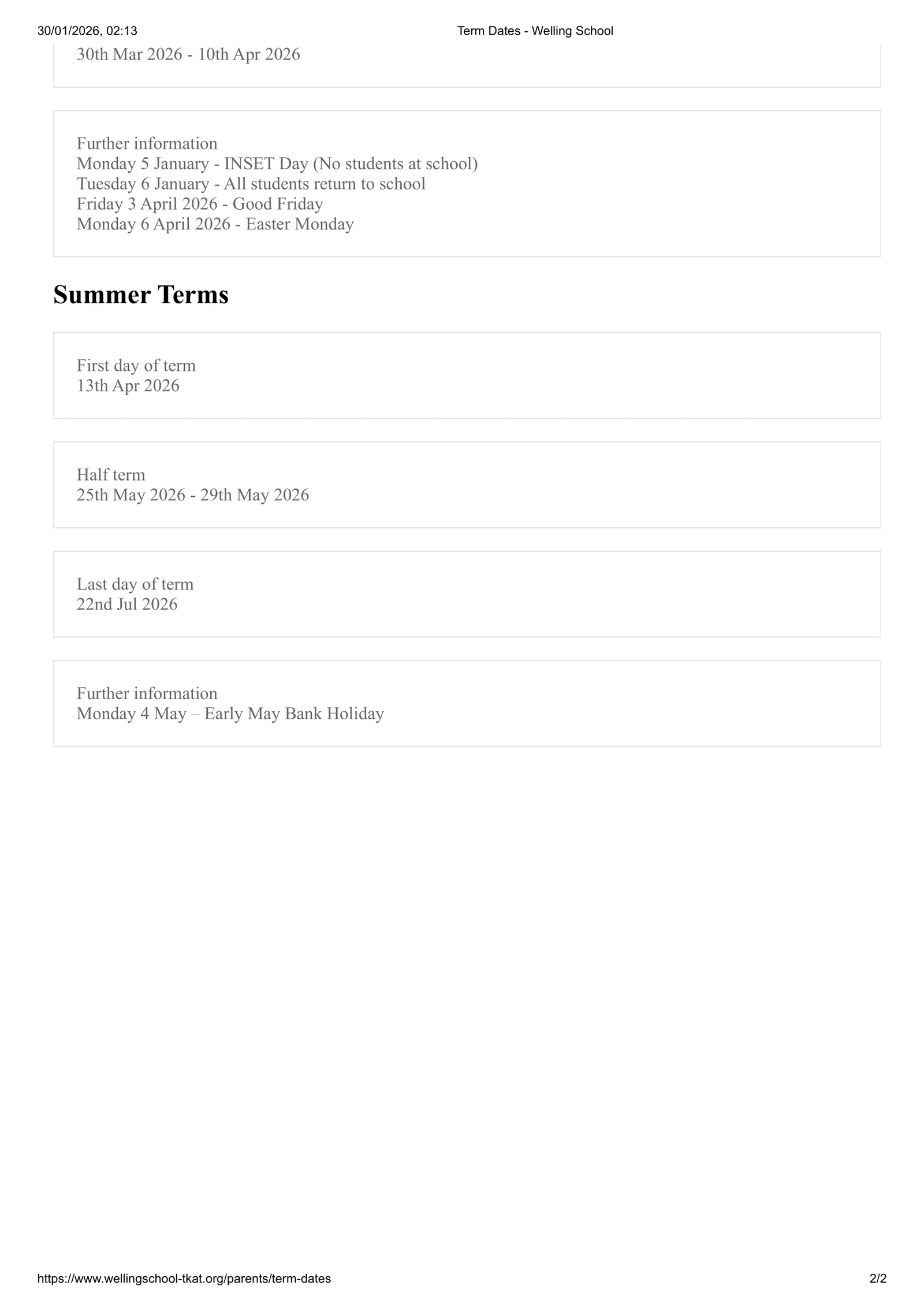 Welling School 25-26 Term Dates Revised Term Dates