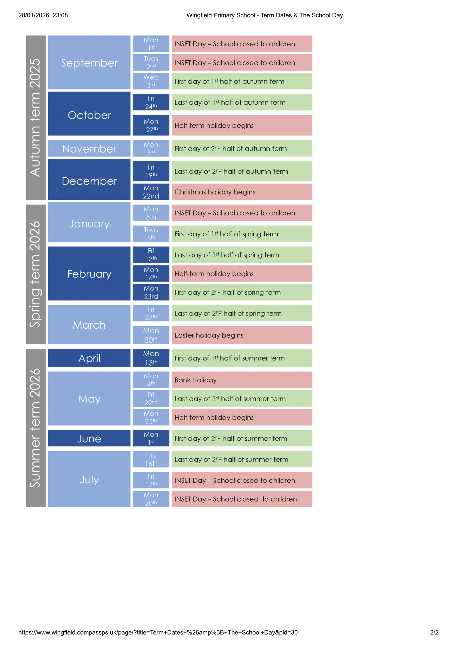 Wingfield Primary School 25-26 Term Dates Revised Term Dates
