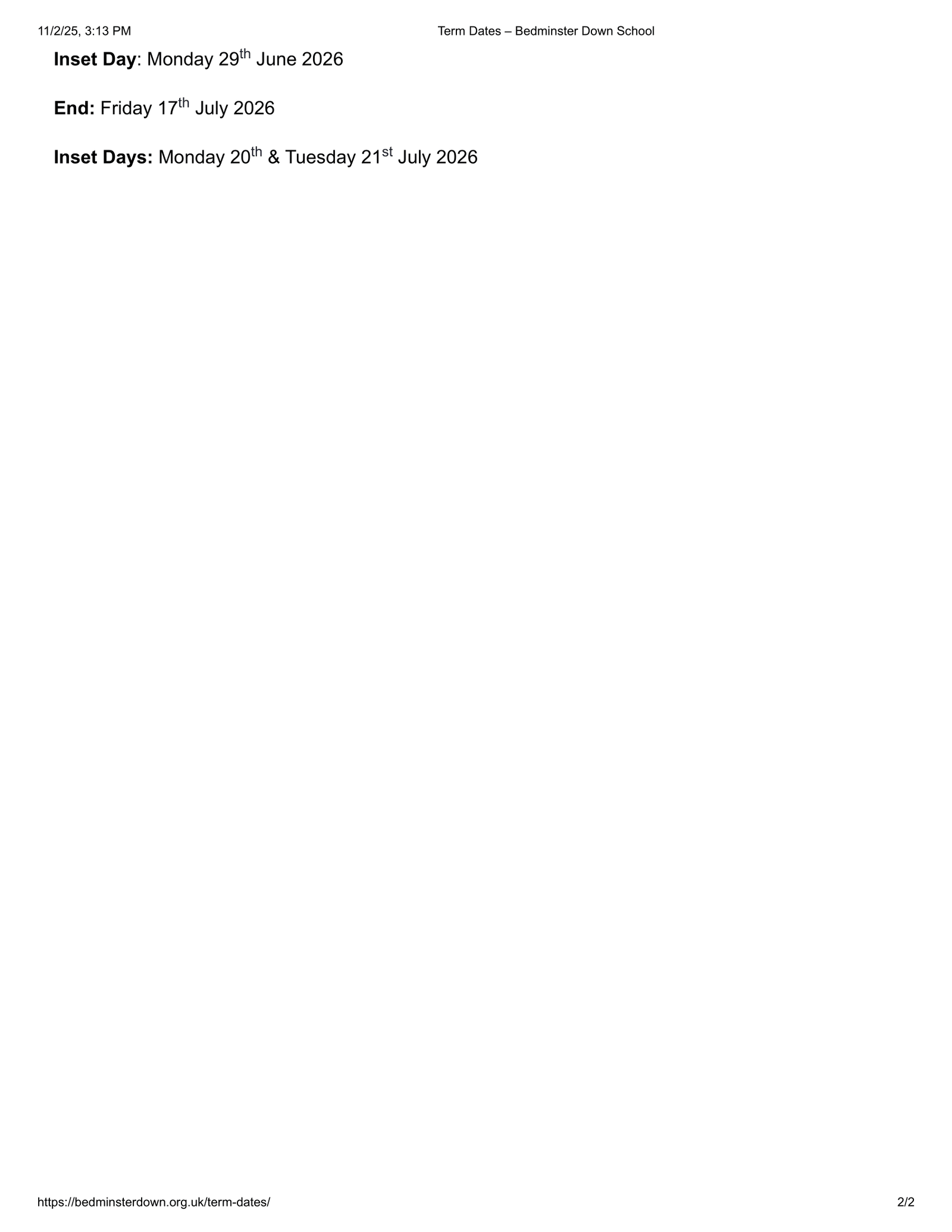 Bedminster Down School 25-26 Term Dates [REVISED] Term Dates