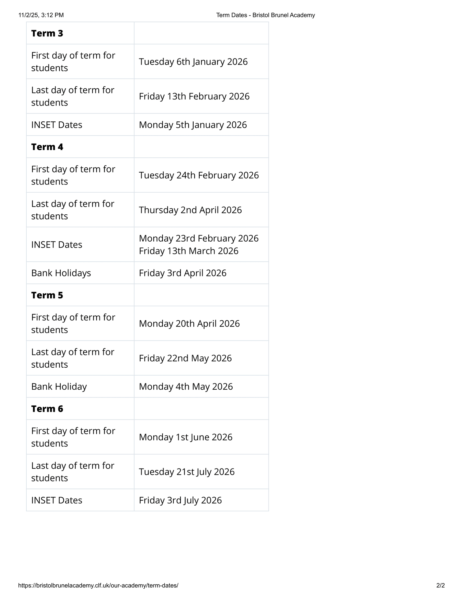 Bristol Brunel Academy 25-26 Term Dates [REVISED] Term Dates