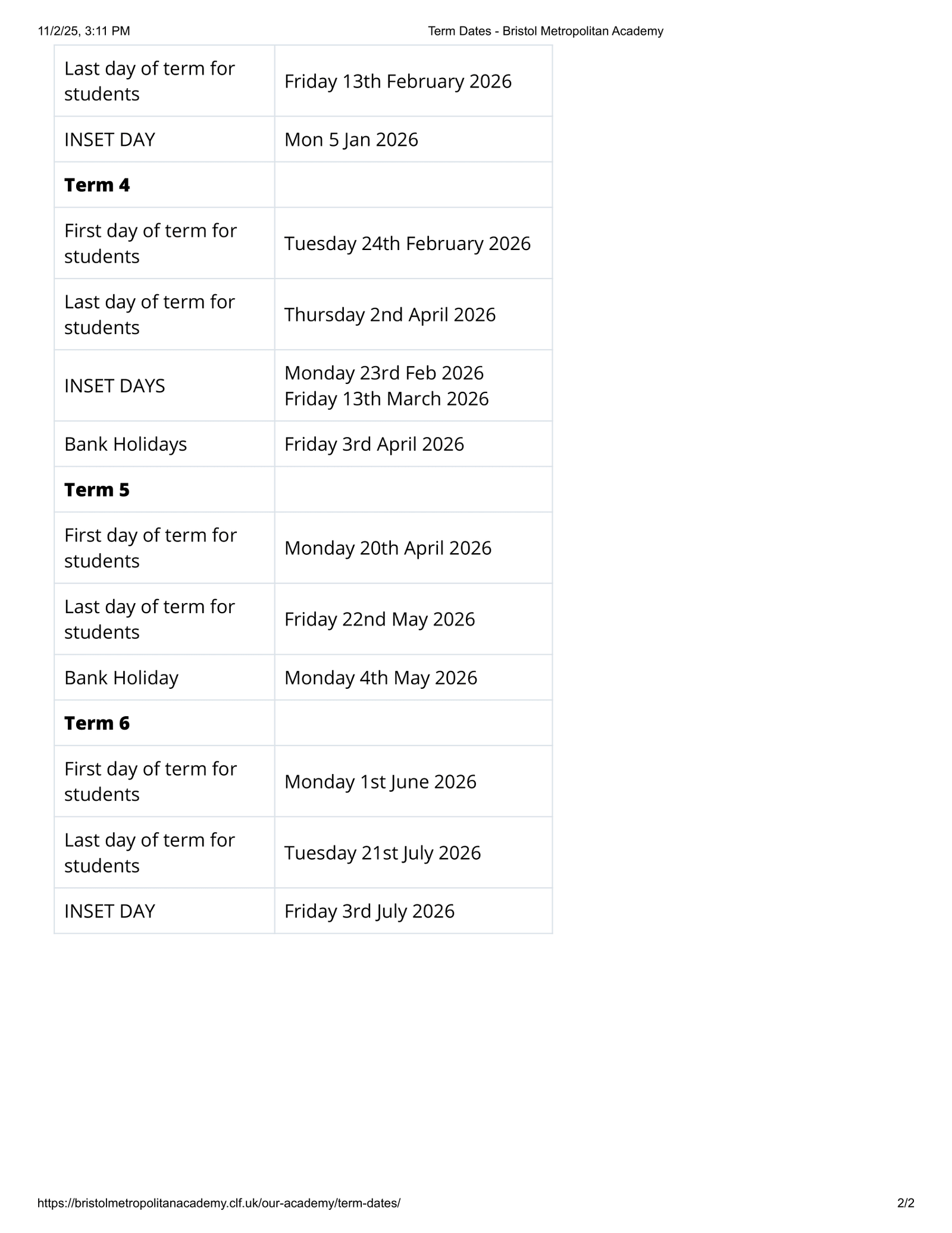 Bristol Metropolitan Academy 25-26 Term Dates [REVISED] Term Dates