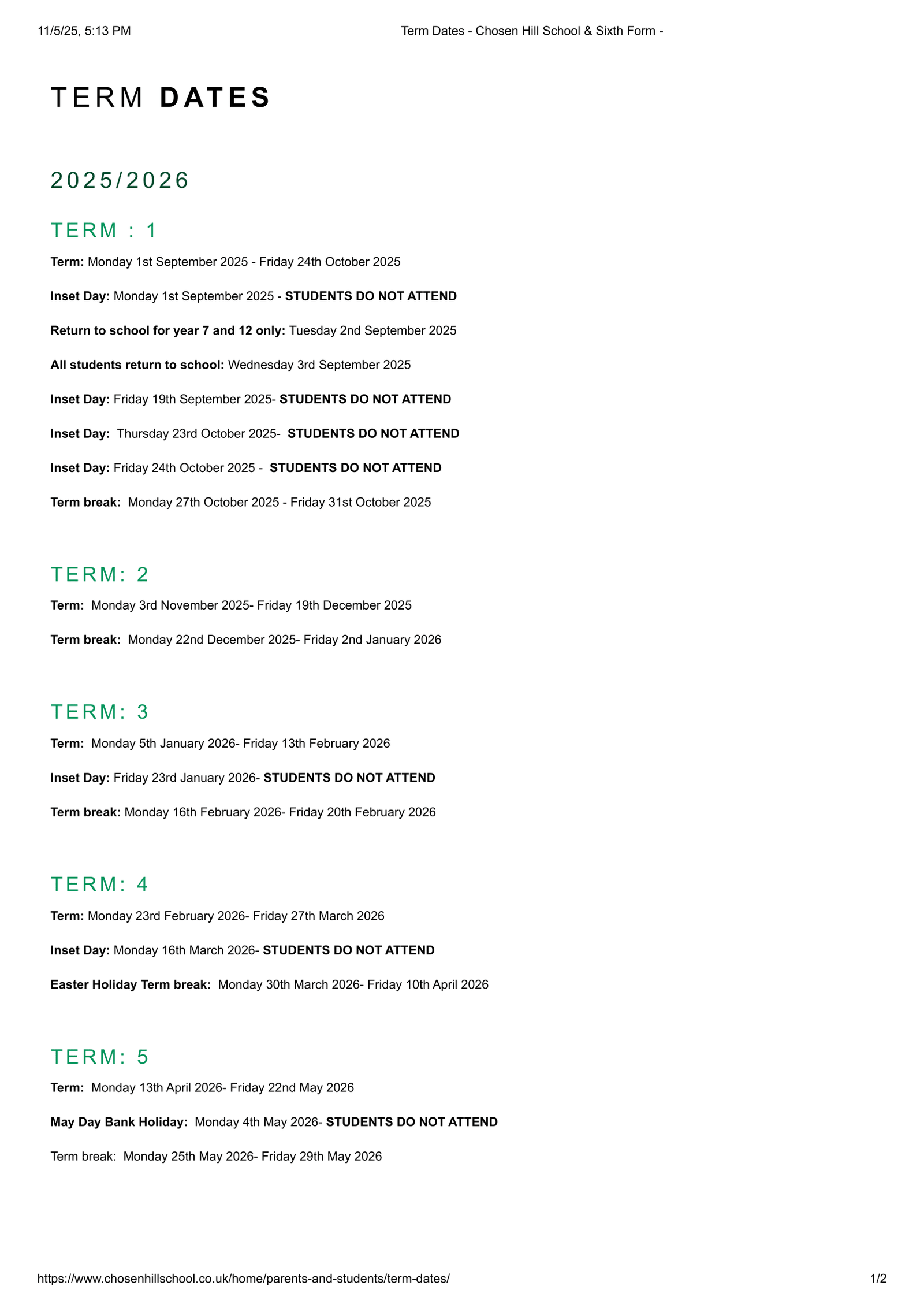 Chosen Hill School & Sixth Form Term Dates - Sch-uk.org