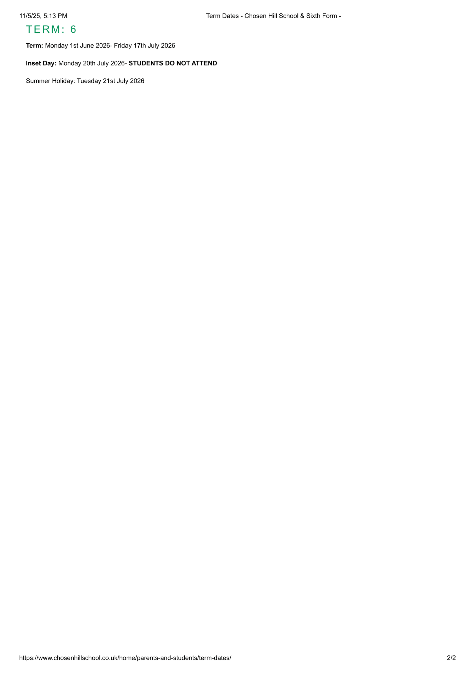 Chosen Hill School & Sixth Form Term Dates - Sch-uk.org