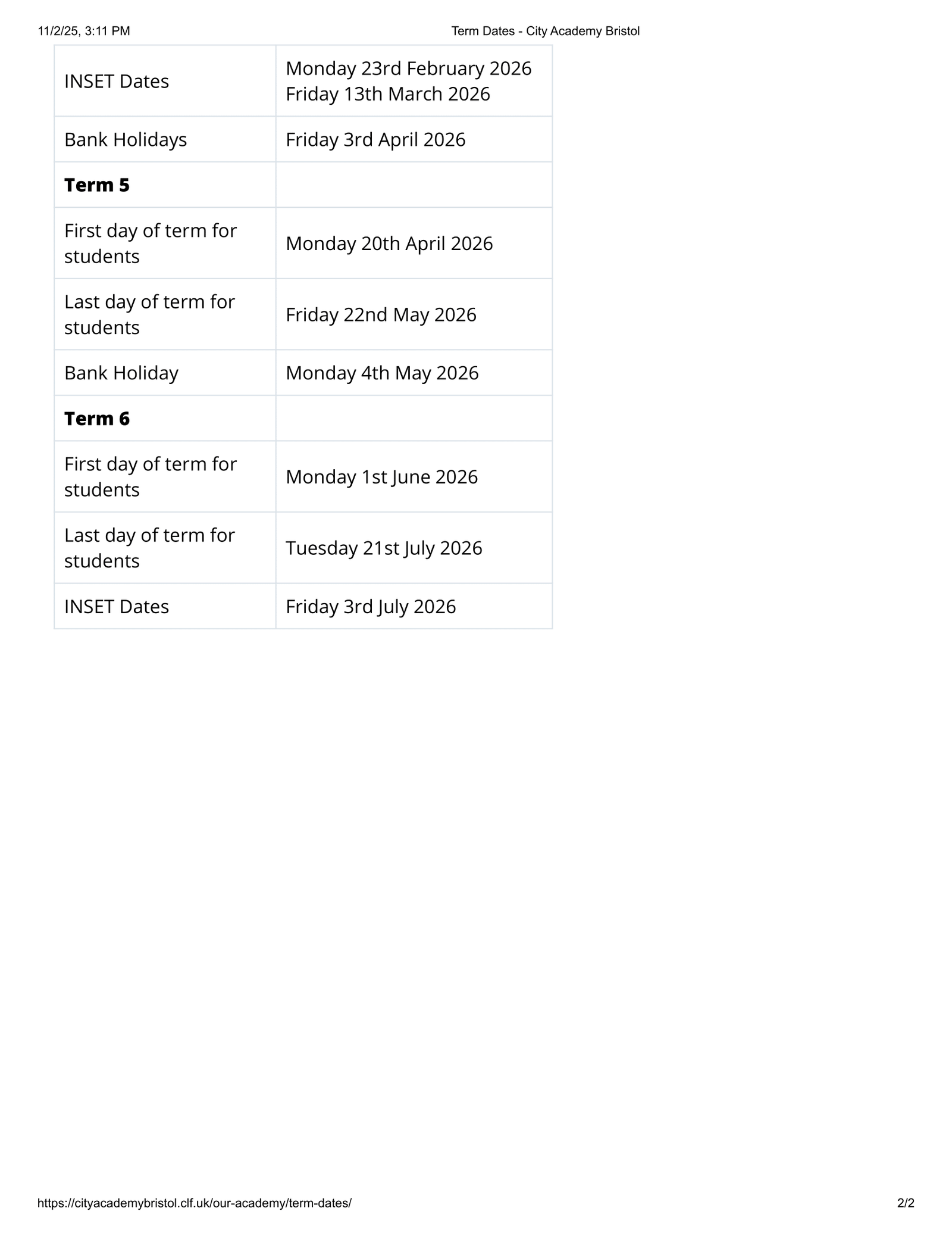 City Academy Bristol 25-26 Term Dates [Revised] Term Dates