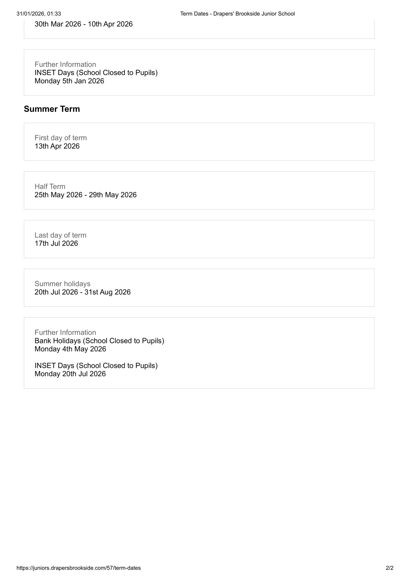 Drapers' Brookside Junior School 25-26 Term Dates Revised Term Dates