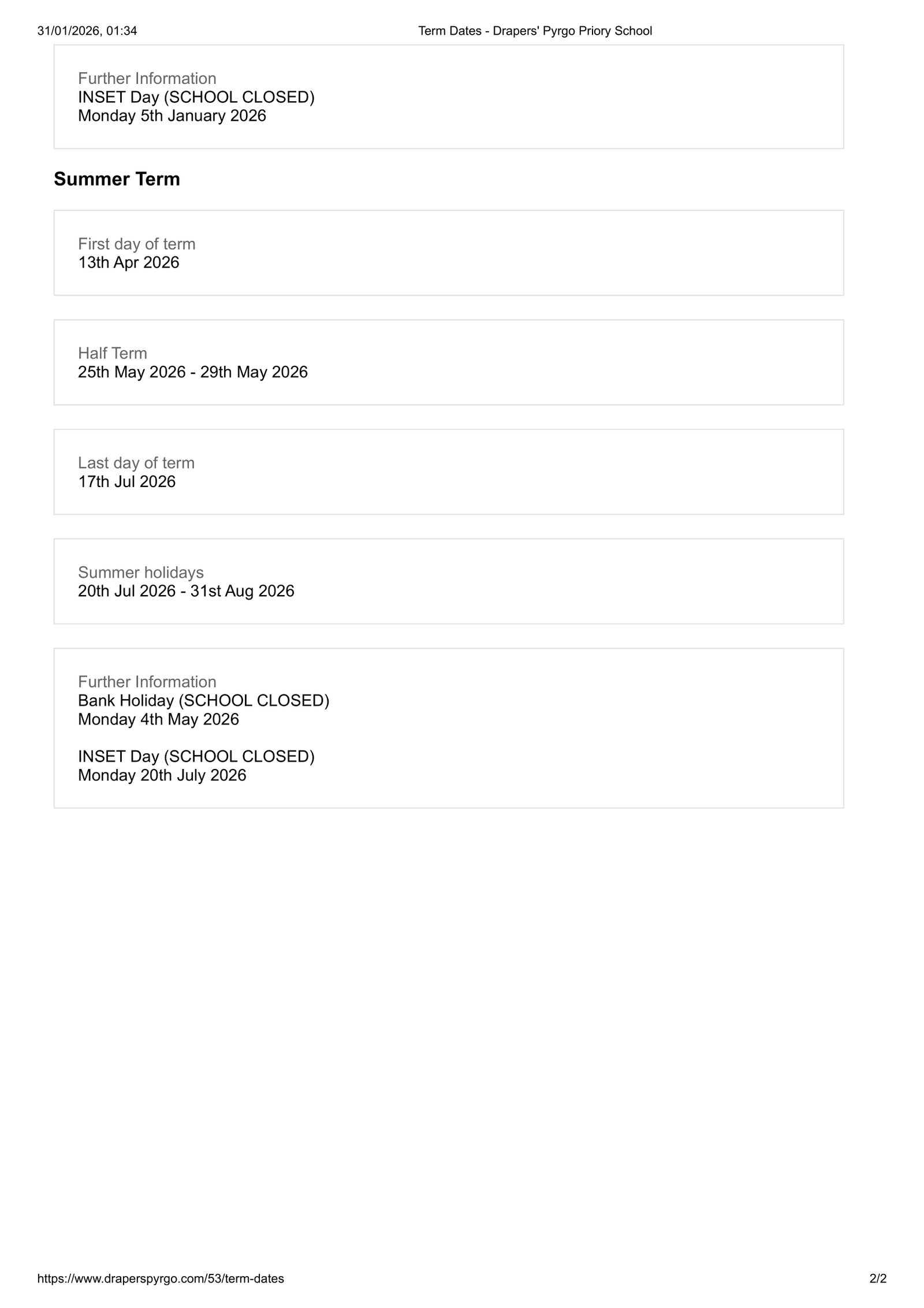 Drapers' Pyrgo Priory School 25-26 Term Dates Revised Term Dates