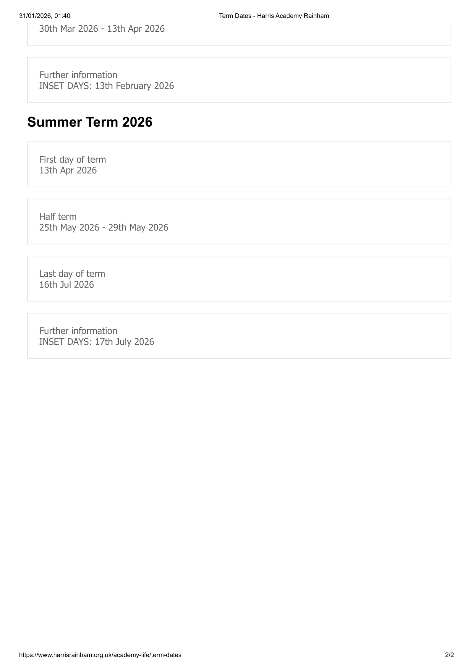 Harris Academy Rainham 25-26 Term Dates Revised Term Dates