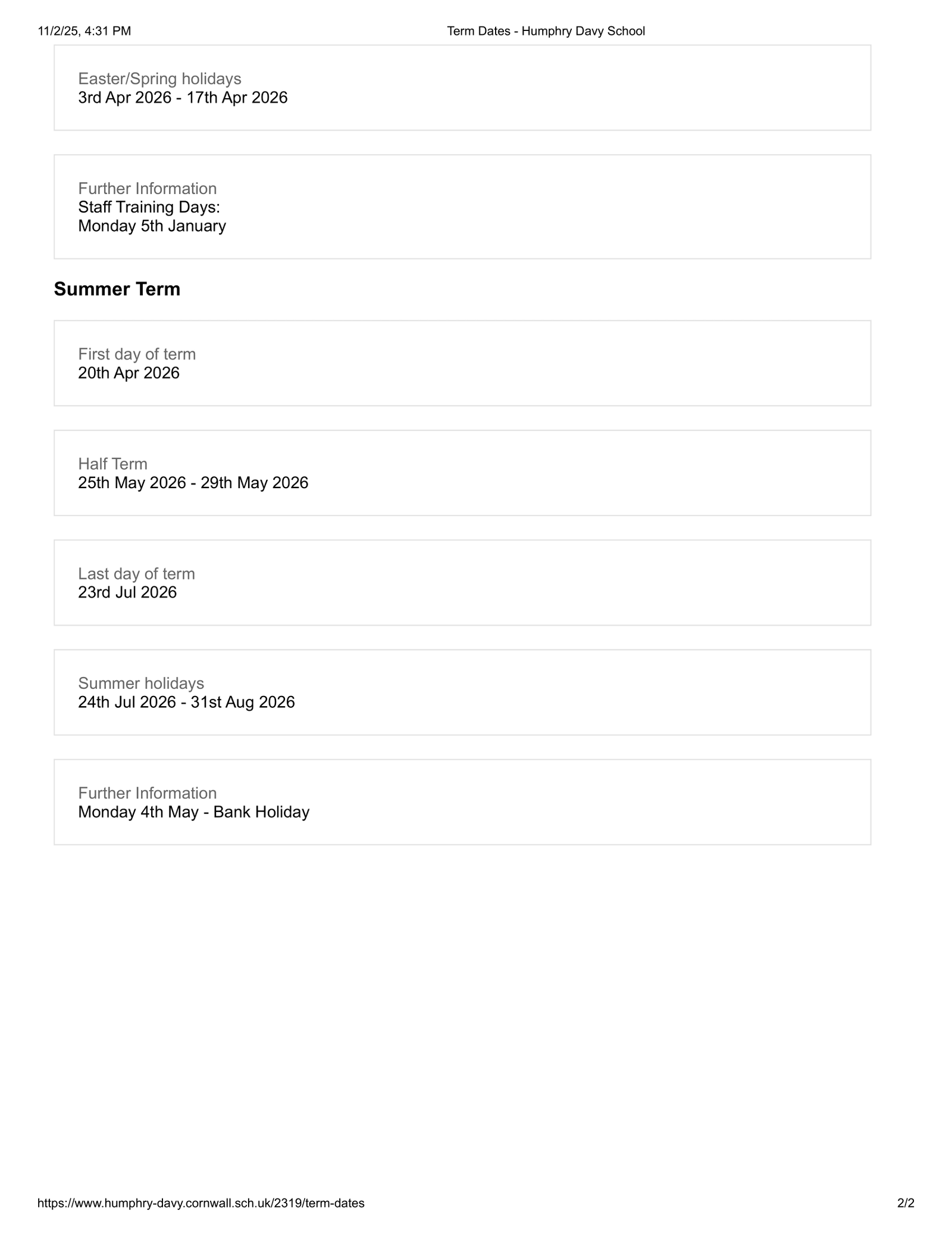 Humphry Davy School Term Dates 25-26 Official Updates Term Dates