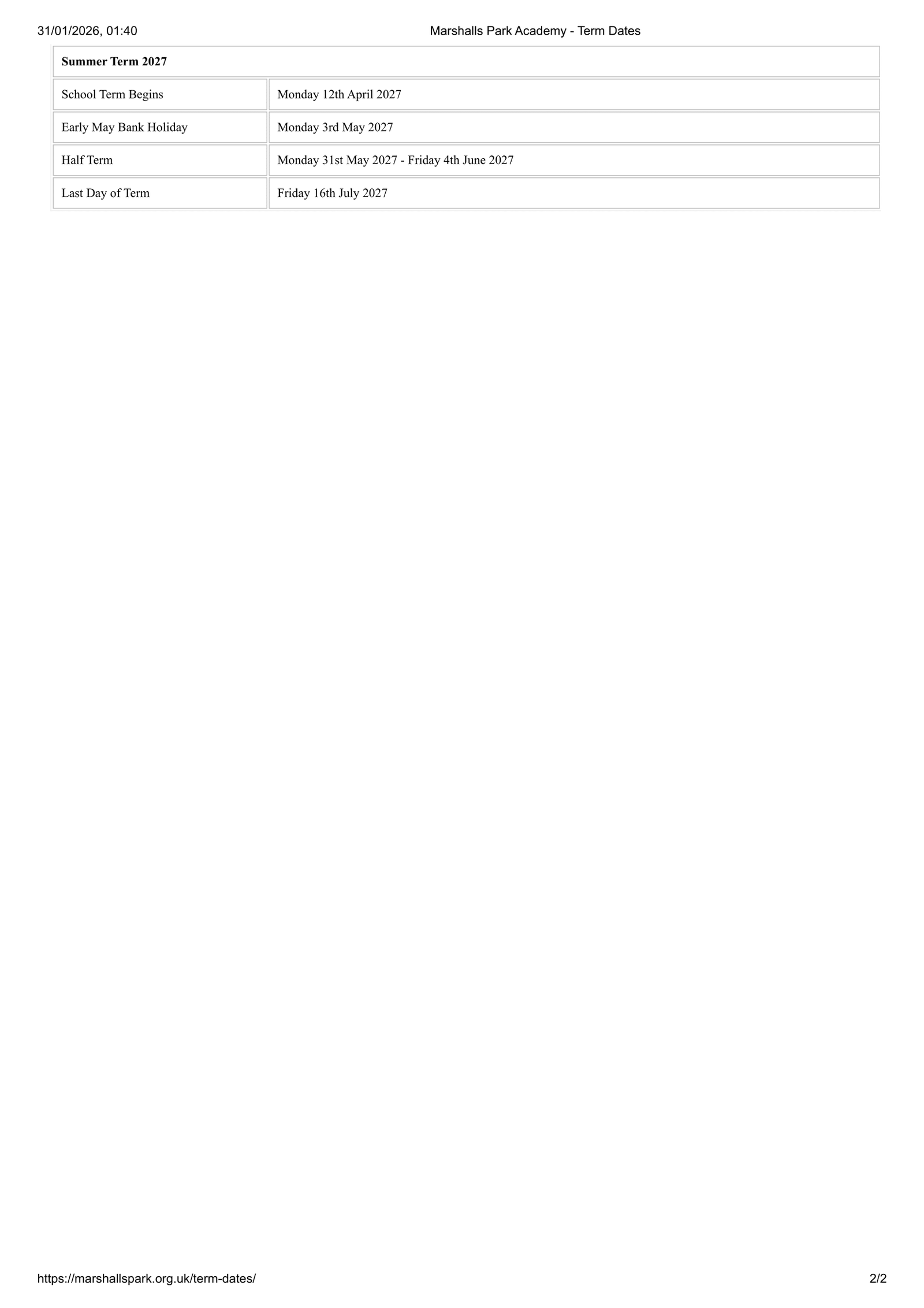 Marshalls Park Academy 25-26 Term Dates Revised Term Dates