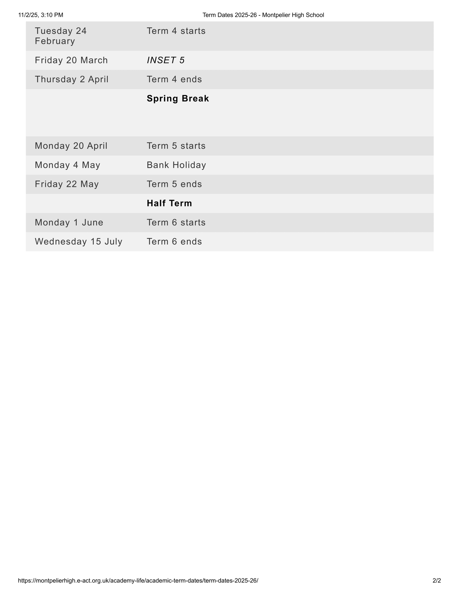 Montpelier High School  Term Dates 25-26 [REVISED] Term Dates