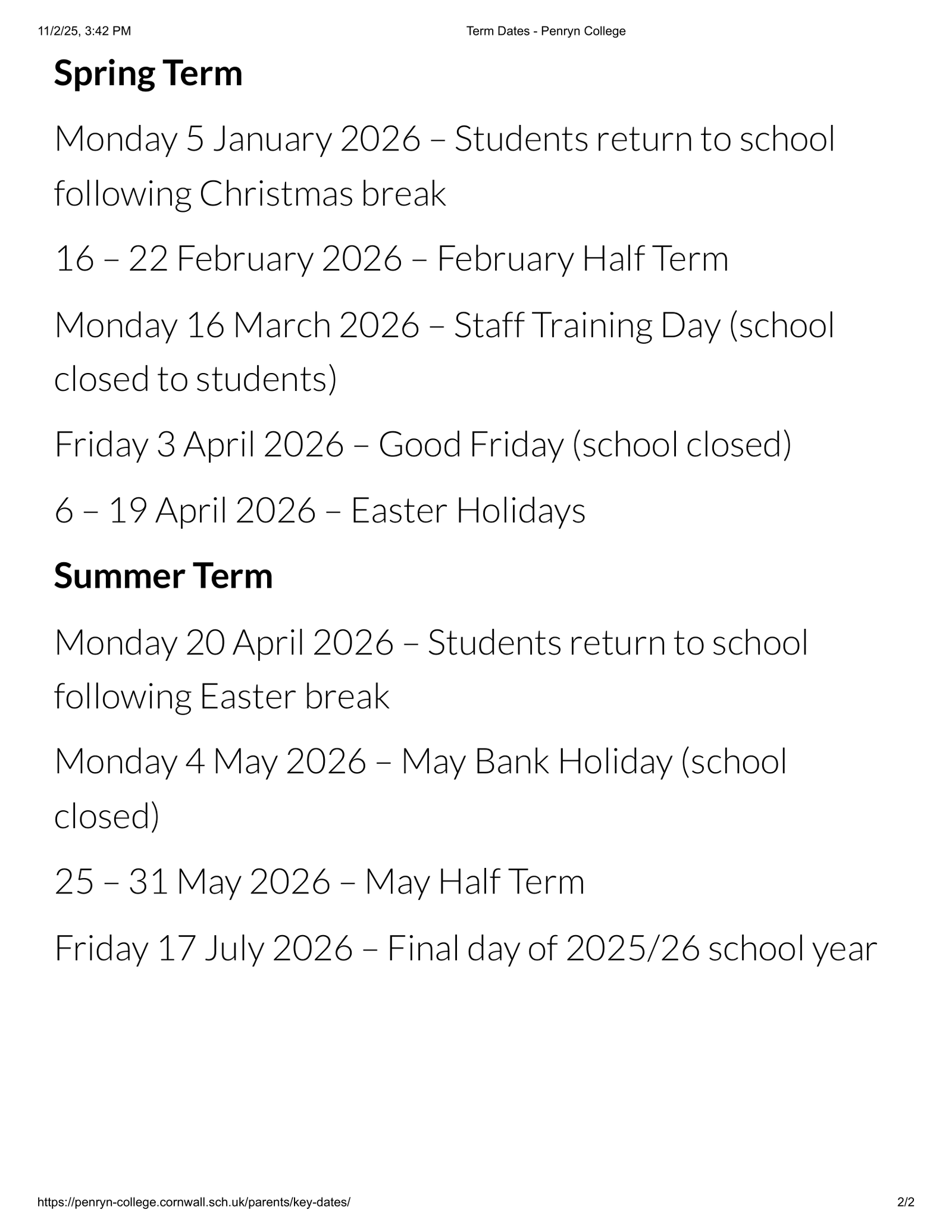 Penryn College - Cornwall Term Dates Term Dates