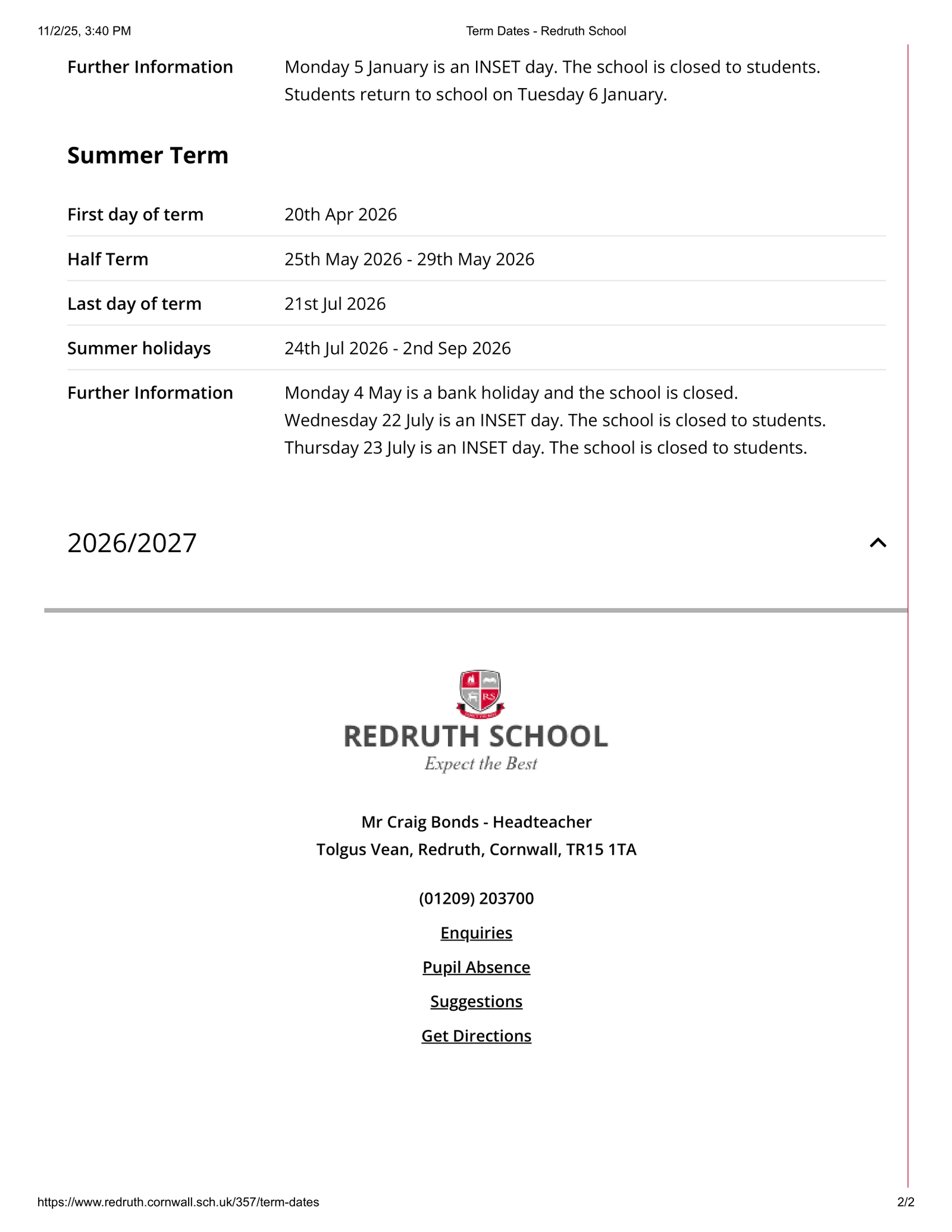 Redruth School Cornwall Term Dates Term Dates