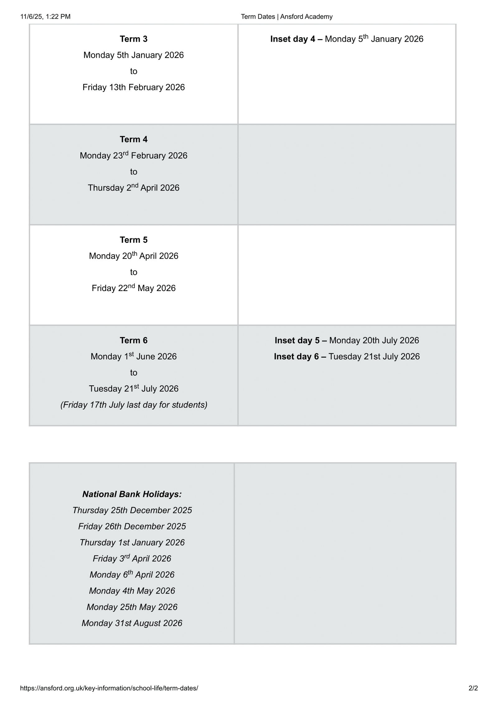 Ansford Academy 25-26 Term Dates Updated Term Dates