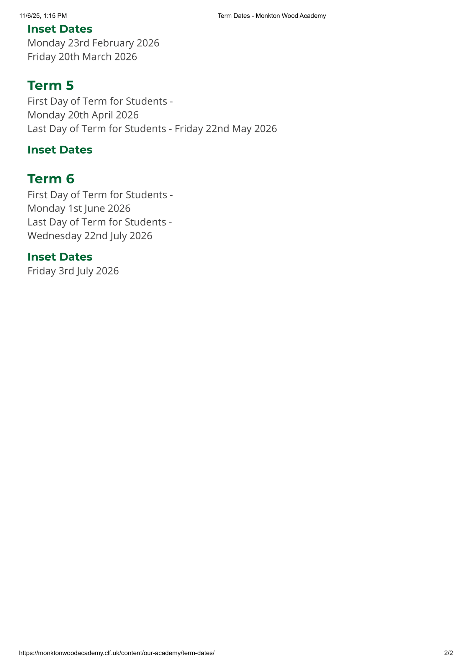 Monkton Wood Academy 25-26 Term Dates Updated Term Dates