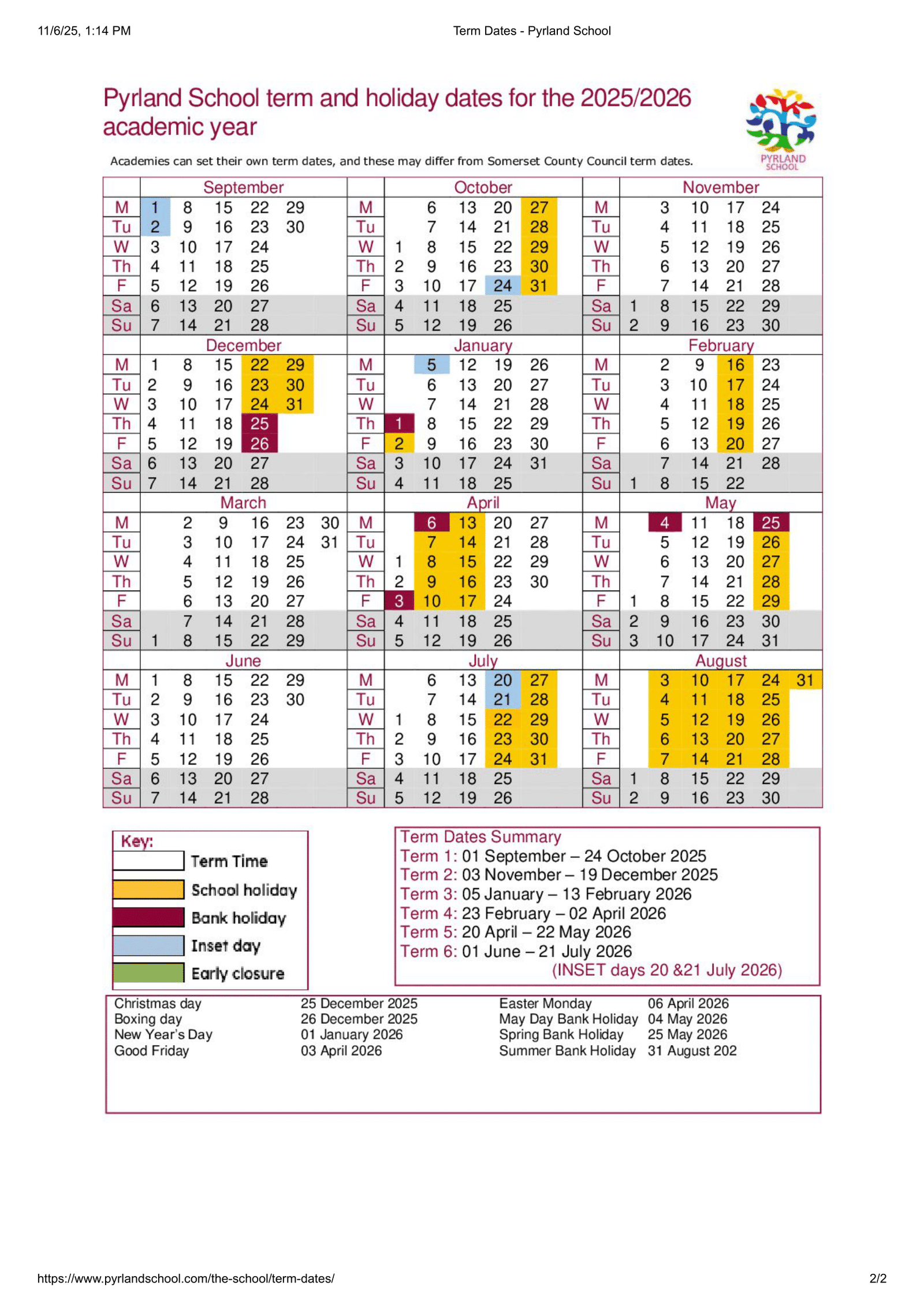 Pyrland School 25-26 Term Dates Updated Term Dates