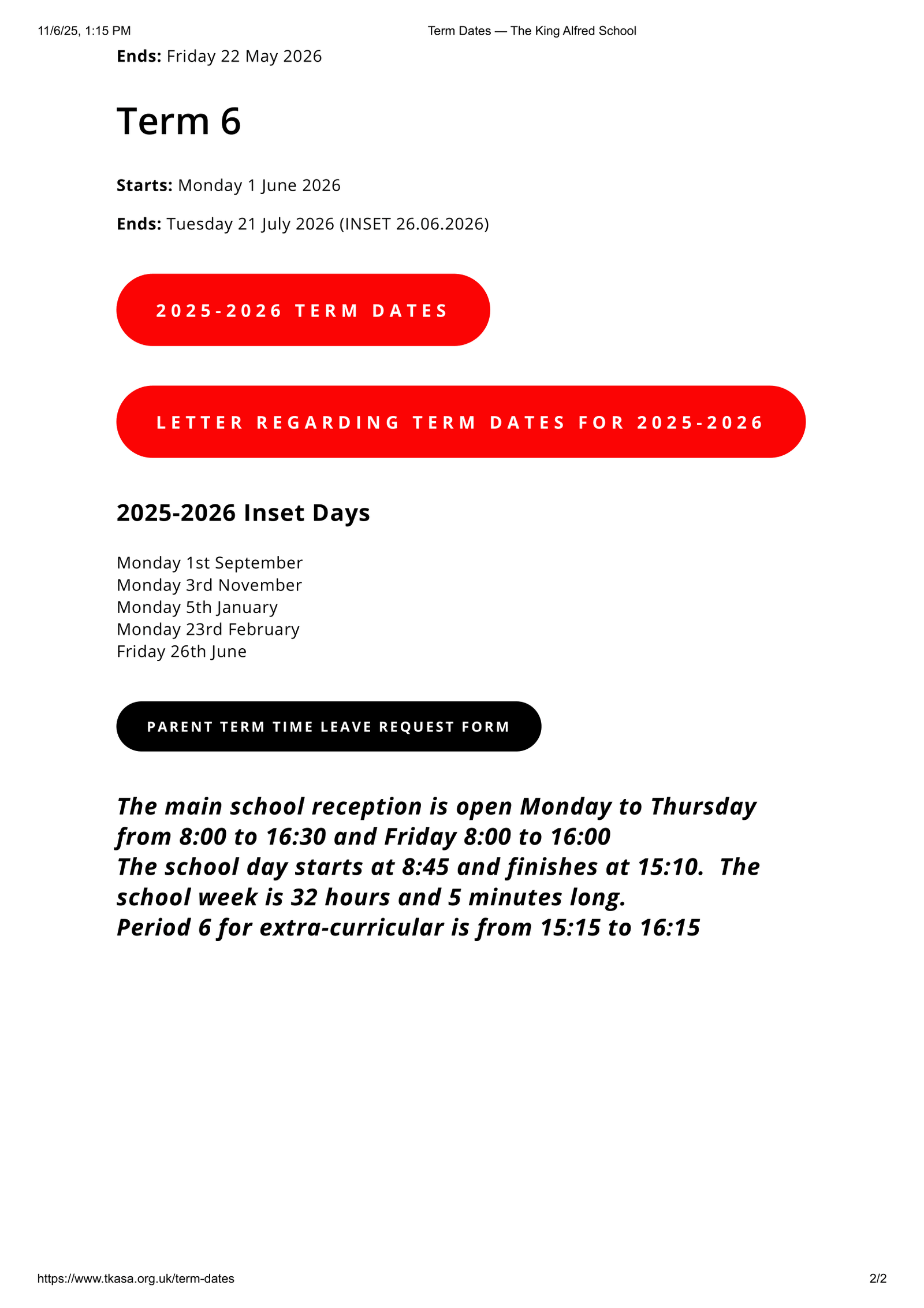 The King Alfred School 25-26 Term Dates Updated Term Dates